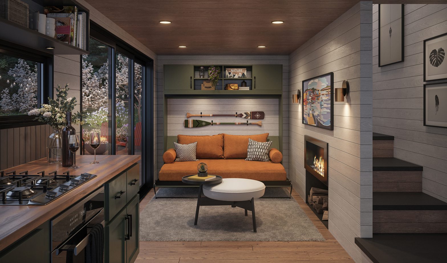 Horizontal Murphy bed in solid laminate, eucalyptus finish, displayed in a stylish tiny home decor setting.