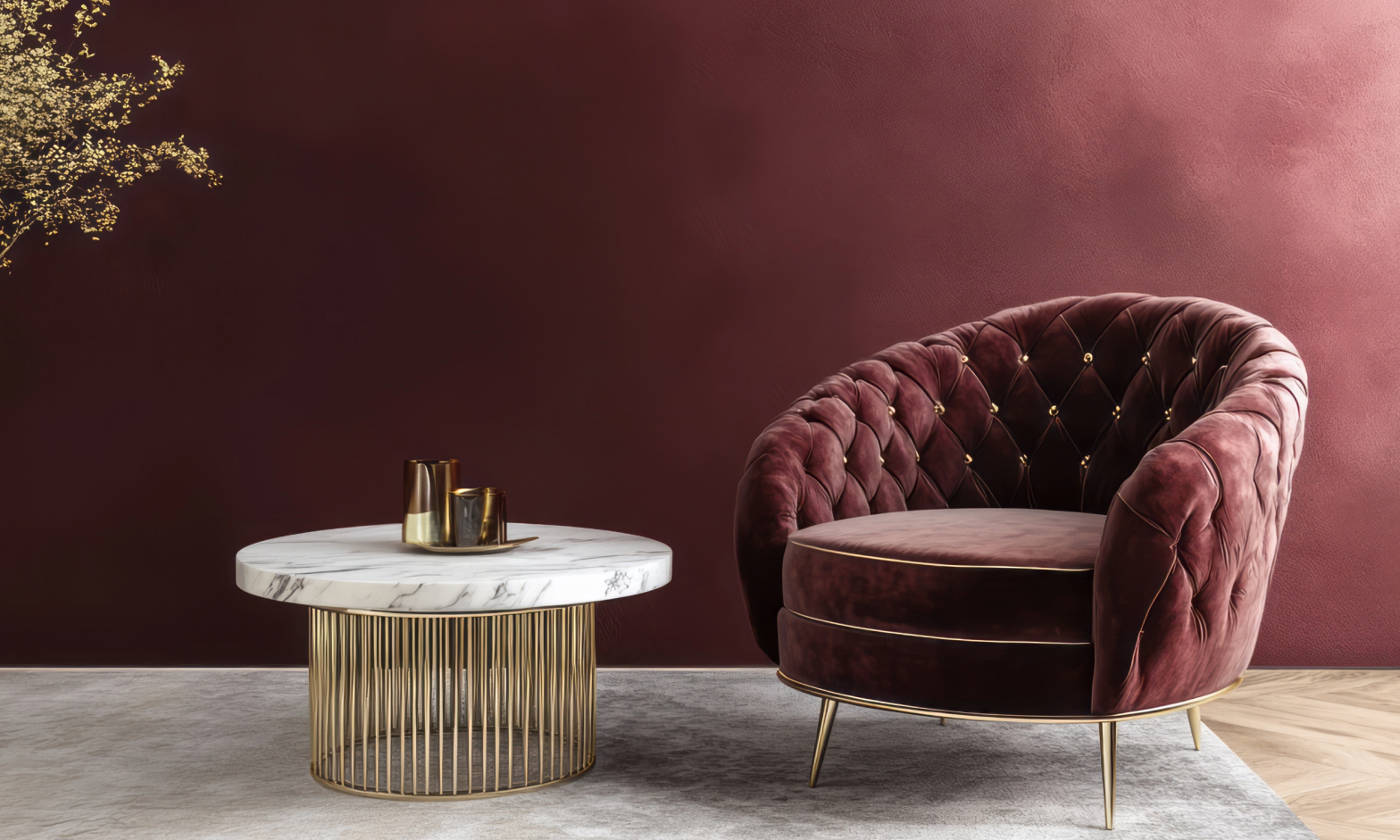 Textured plaster wall, rich maroon colour, velvet arm chair, home decor 2025