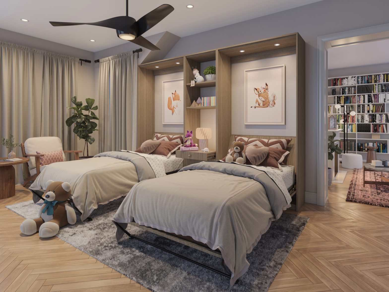 Murphy Wall Beds in a twin siblings bedroom